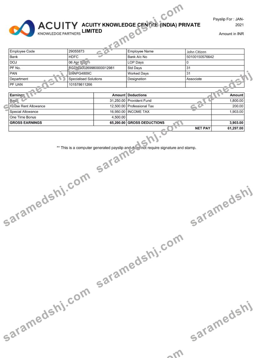 INDIA ACUITY Knowledge Centre Private Limited payslip in Word and PDF formats